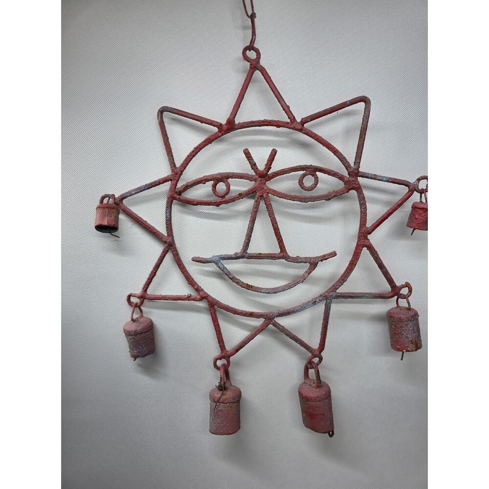 Vintage Primitive Rustic Iron Smiling Sun Rusty Windchime Bells Celestial Boho